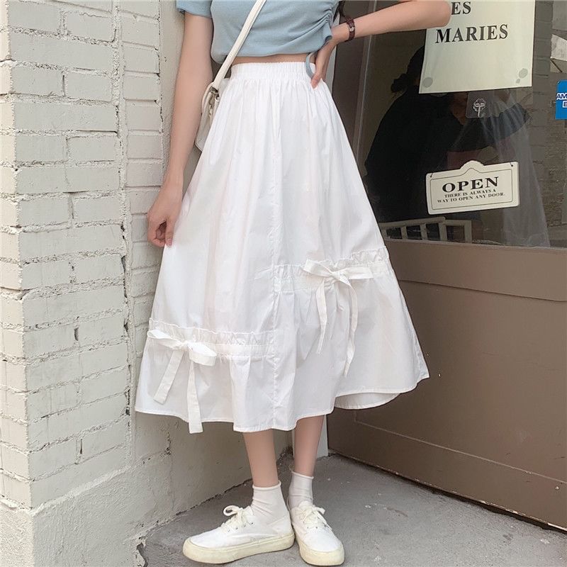 Skirt Panel Midi Plain Bow Waist Elastic A-Line