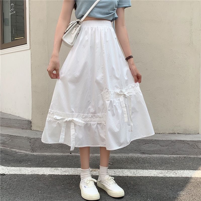 Skirt Panel Midi Plain Bow Waist Elastic A-Line