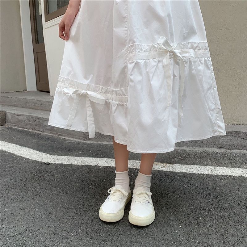 Skirt Panel Midi Plain Bow Waist Elastic A-Line