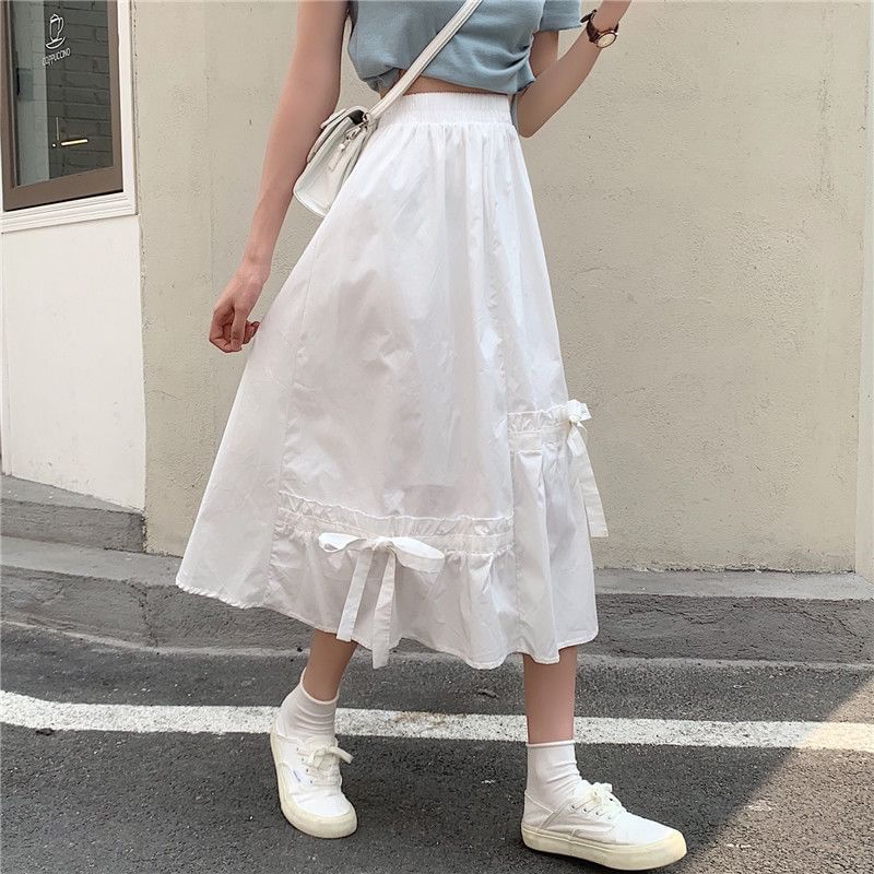 Skirt Panel Midi Plain Bow Waist Elastic A-Line