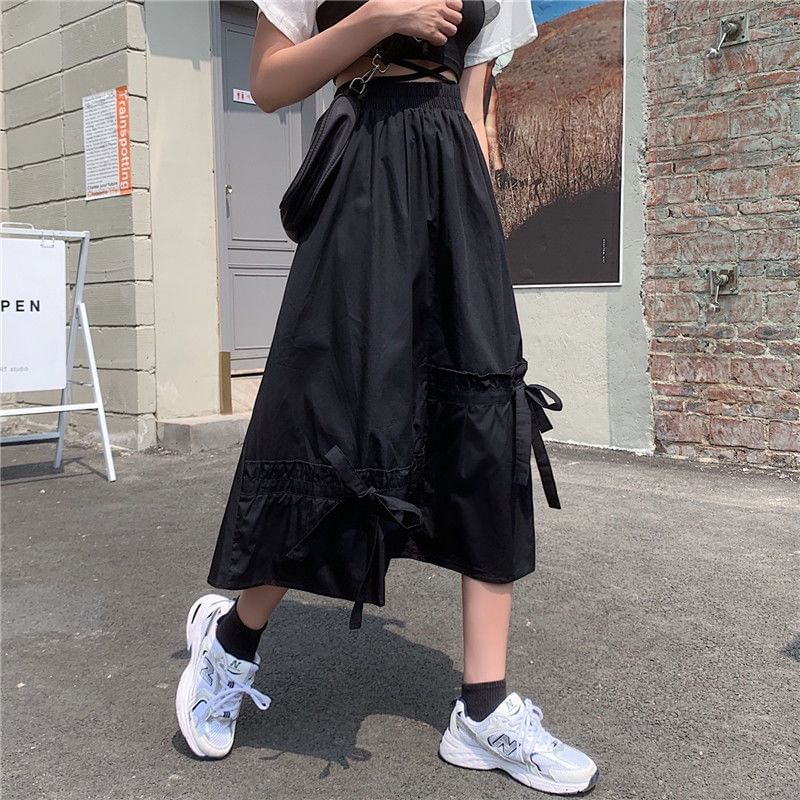 Skirt Panel Midi Plain Bow Waist Elastic A-Line