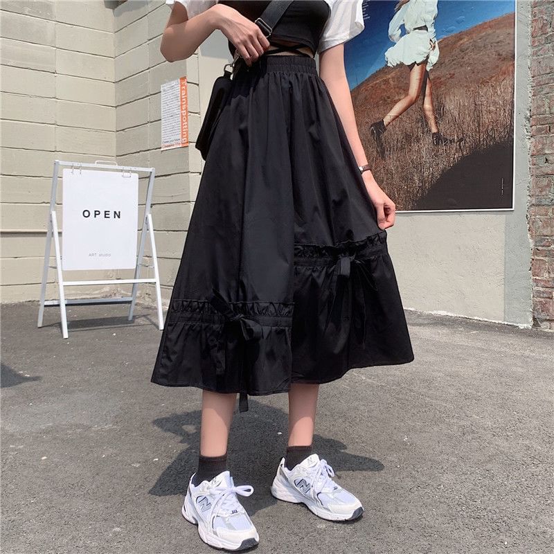 Skirt Panel Midi Plain Bow Waist Elastic A-Line