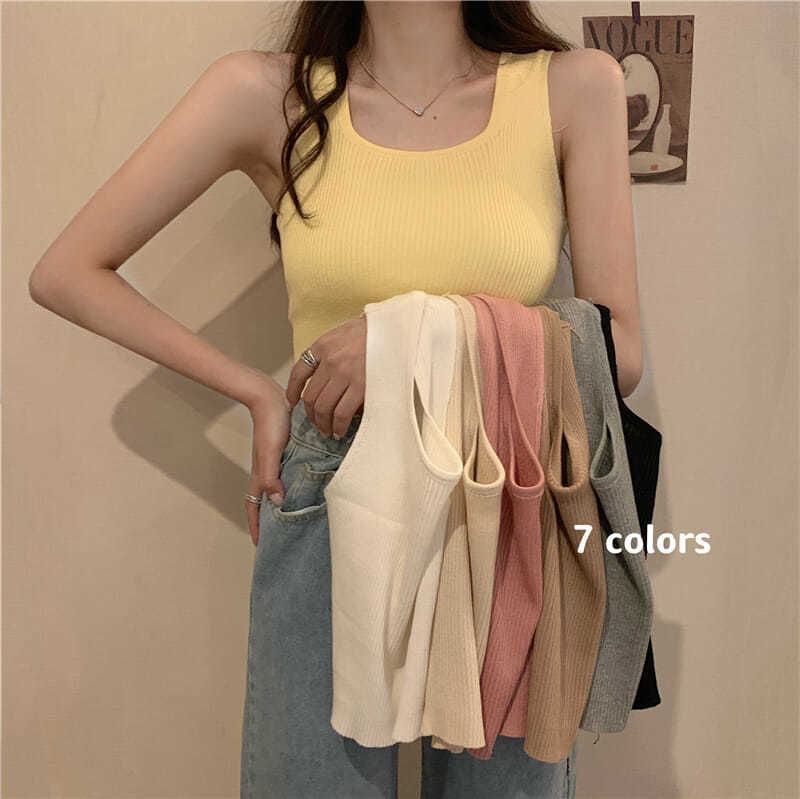 Ribbed Tank Top Square Neck Plain Knit