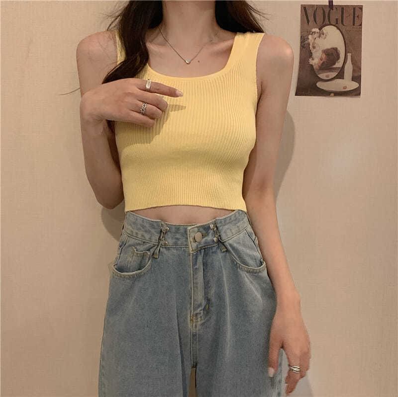 Ribbed Tank Top Square Neck Plain Knit