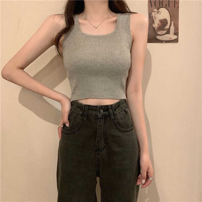 Ribbed Tank Top Square Neck Plain Knit