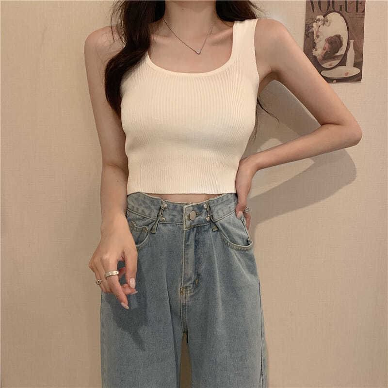 Ribbed Tank Top Square Neck Plain Knit