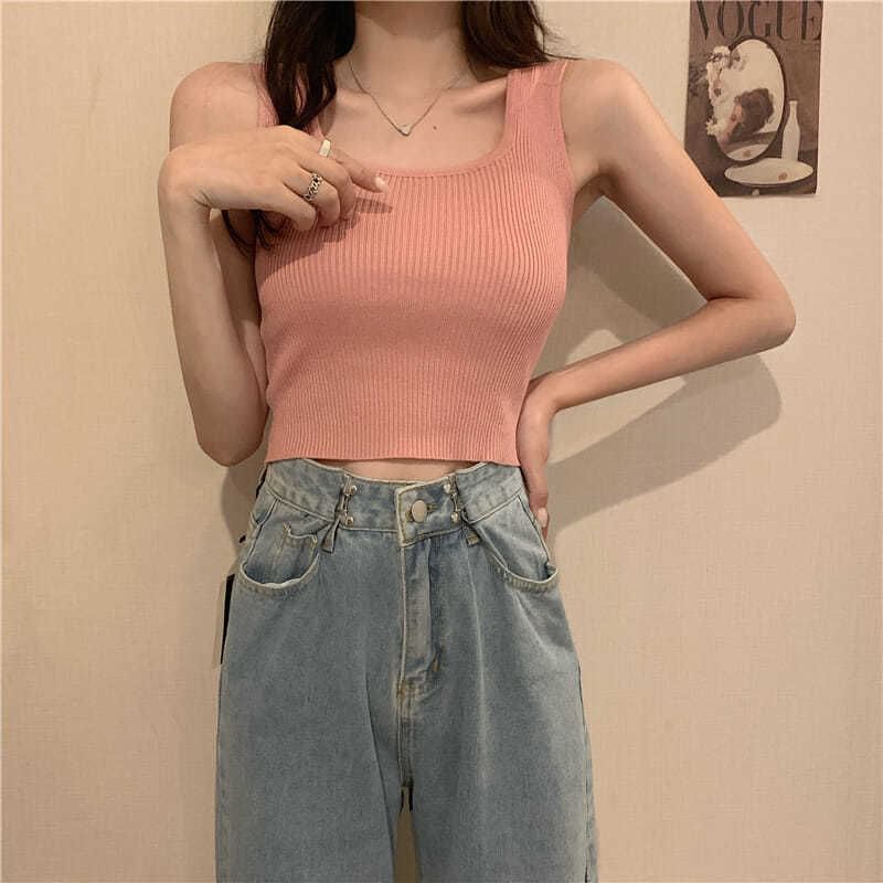 Ribbed Tank Top Square Neck Plain Knit