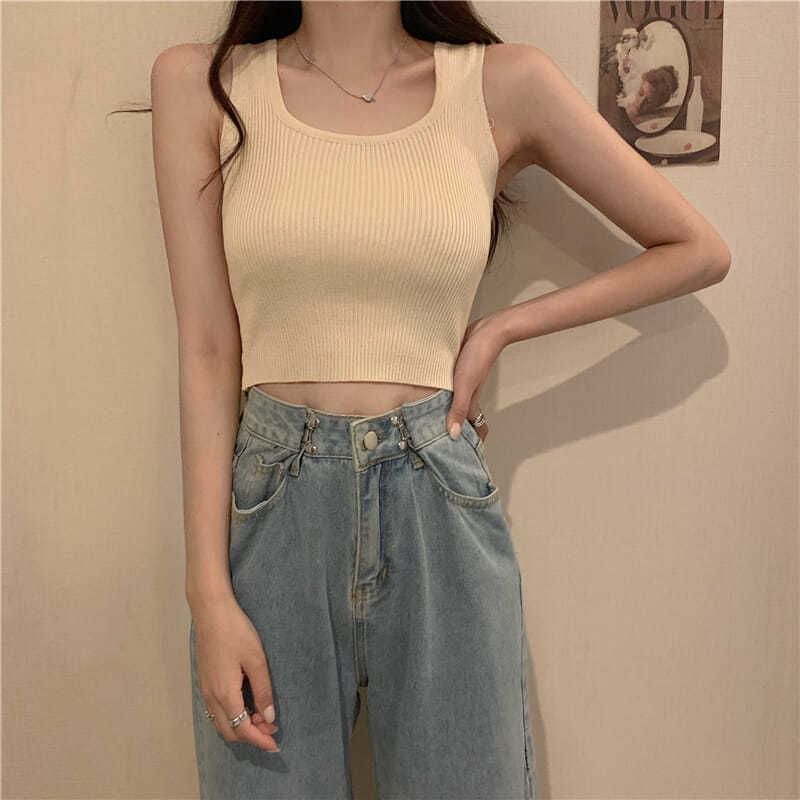 Ribbed Tank Top Square Neck Plain Knit