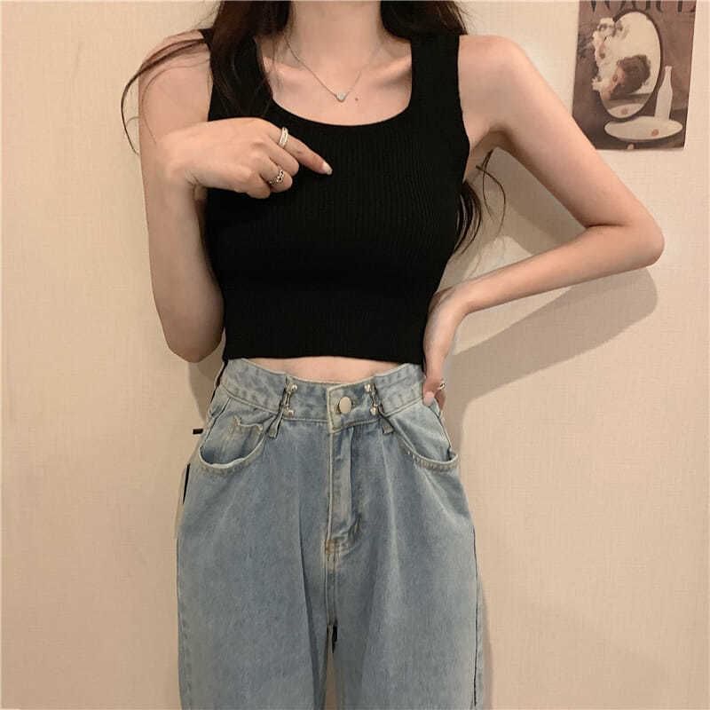 Ribbed Tank Top Square Neck Plain Knit