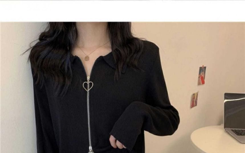 Collared Zip Plain Cardigan