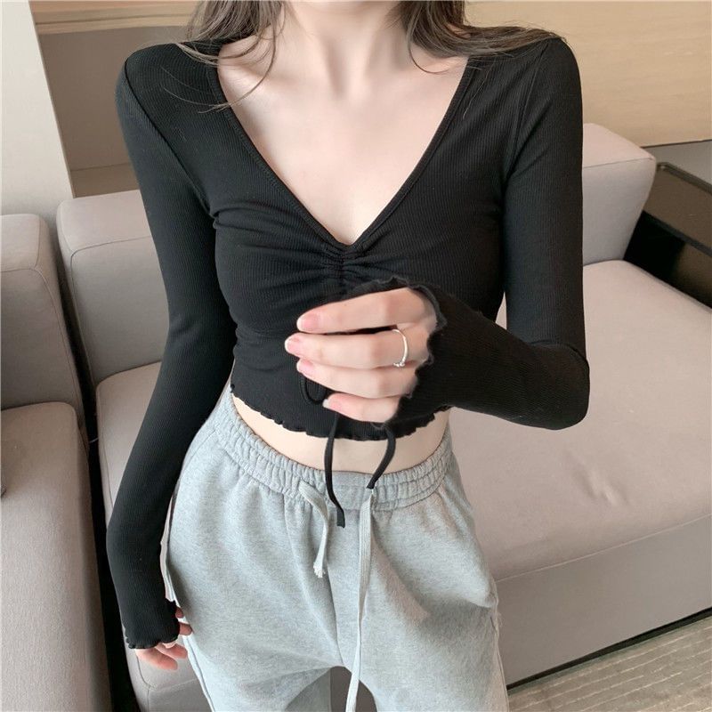 V-Neck Crop T-Shirt Long-Sleeve Drawstring Plain