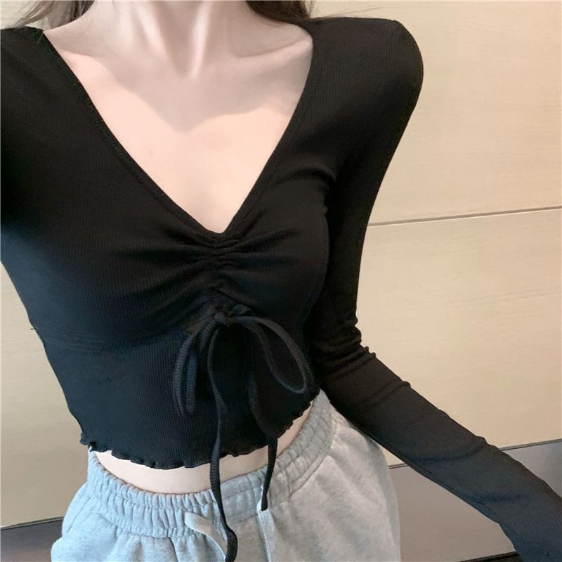 V-Neck Crop T-Shirt Long-Sleeve Drawstring Plain