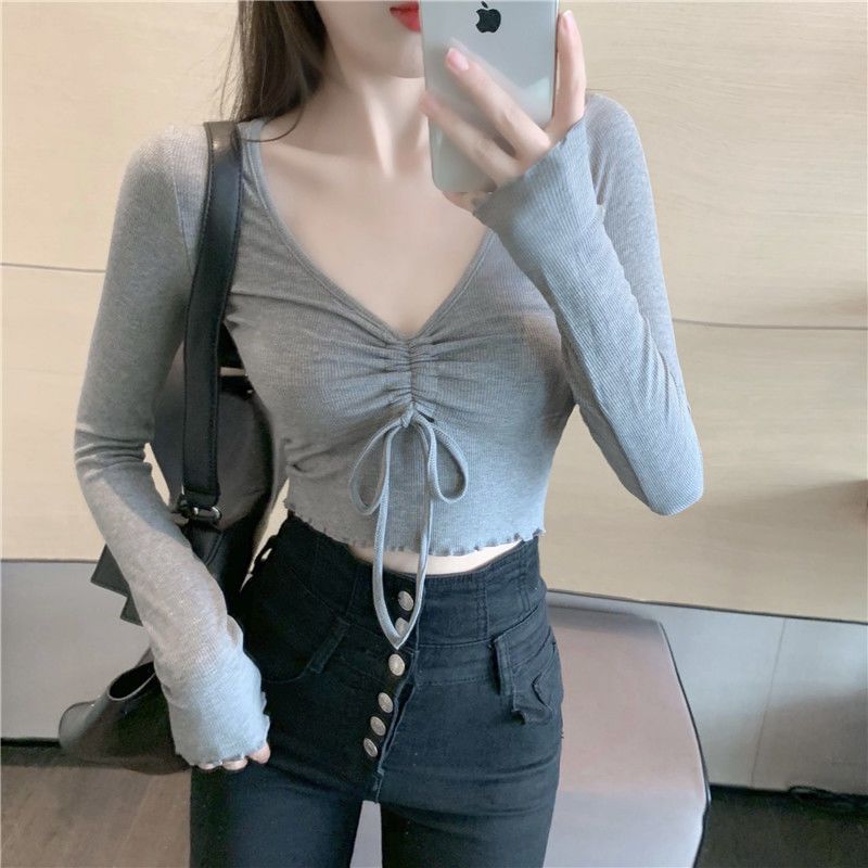 V-Neck Crop T-Shirt Long-Sleeve Drawstring Plain