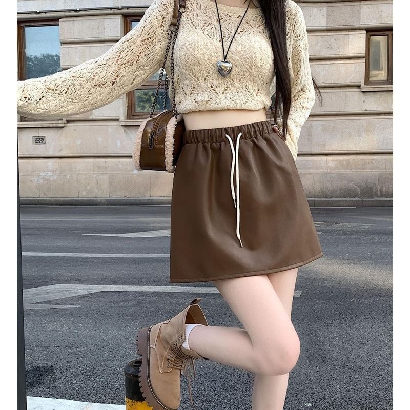 Mini Skirt Drawstring Plain Leather A-Line Faux Waist