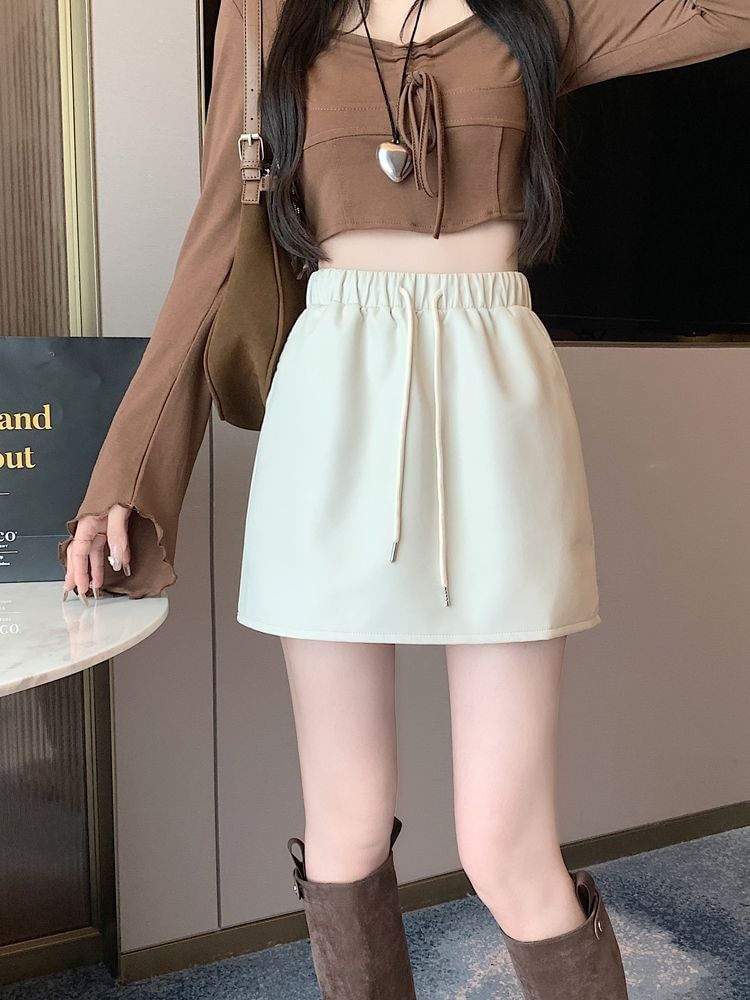 Mini Skirt Drawstring Plain Leather A-Line Faux Waist