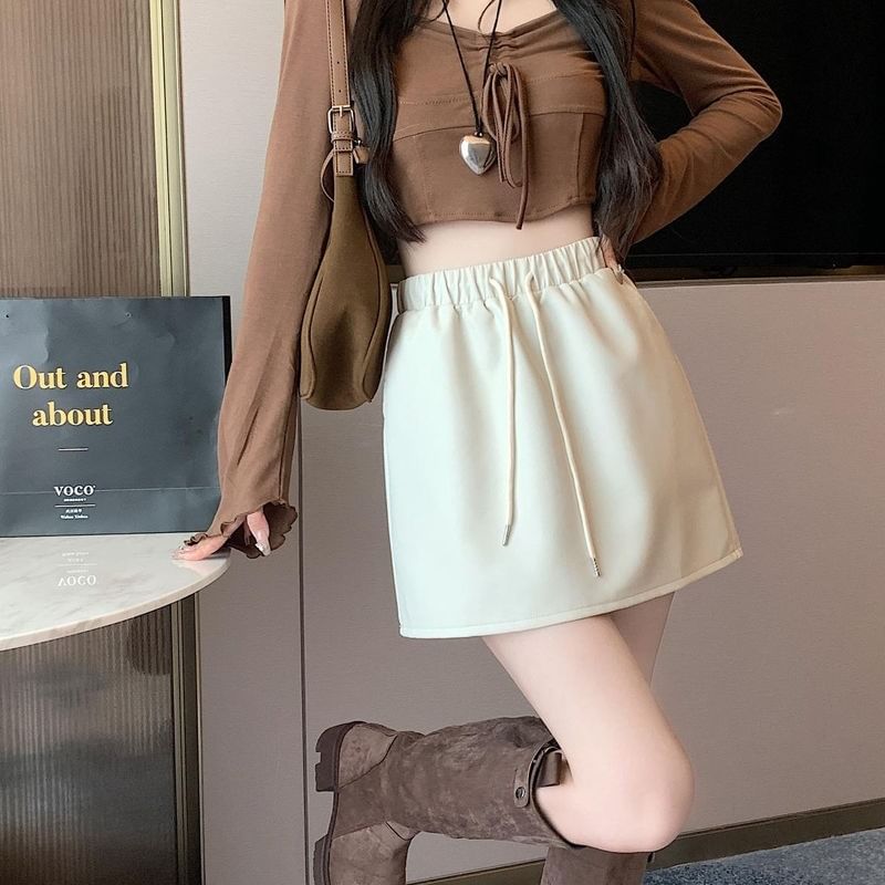 Mini Skirt Drawstring Plain Leather A-Line Faux Waist