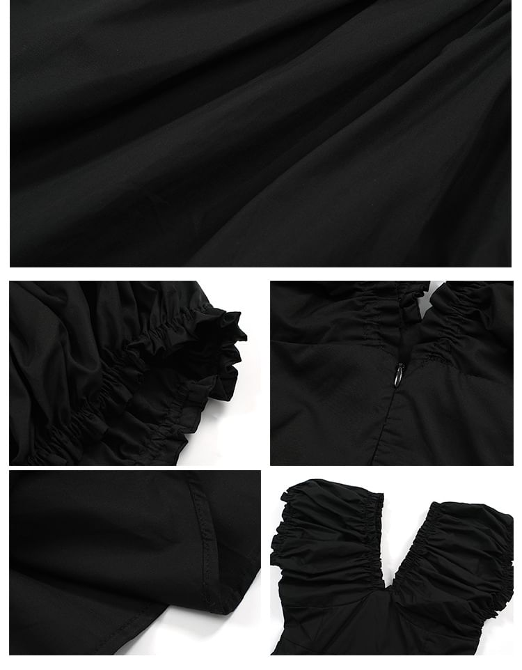 Cap Sleeve V-Neck Plain Ruched Mini A-Line Dress