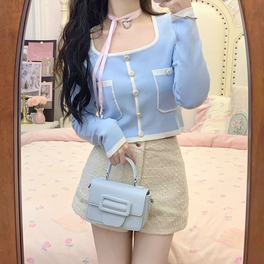 / Plain Square Pants Neck Trim Cardigan Contrast Hot High Waist Cropped