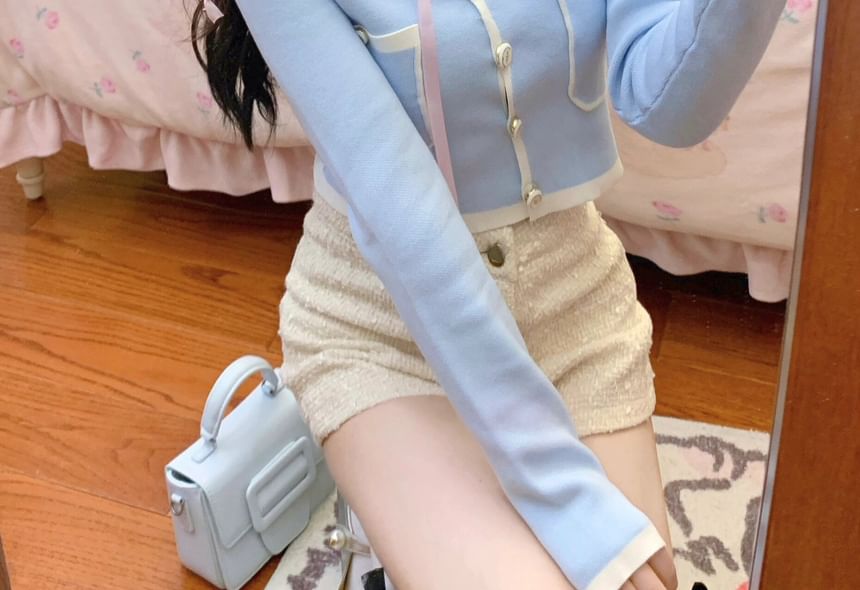 / Plain Square Pants Neck Trim Cardigan Contrast Hot High Waist Cropped