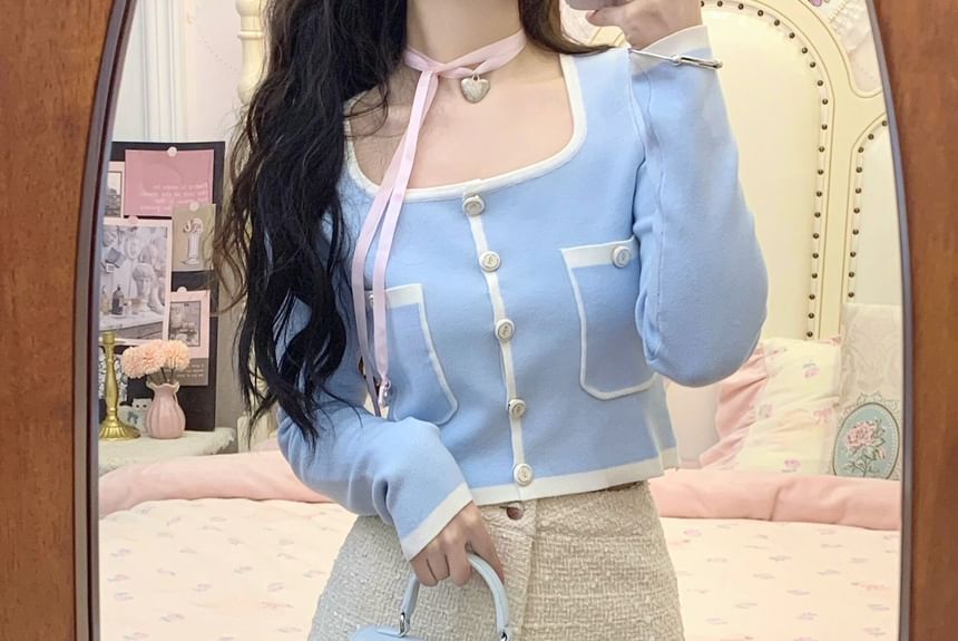 / Plain Square Pants Neck Trim Cardigan Contrast Hot High Waist Cropped