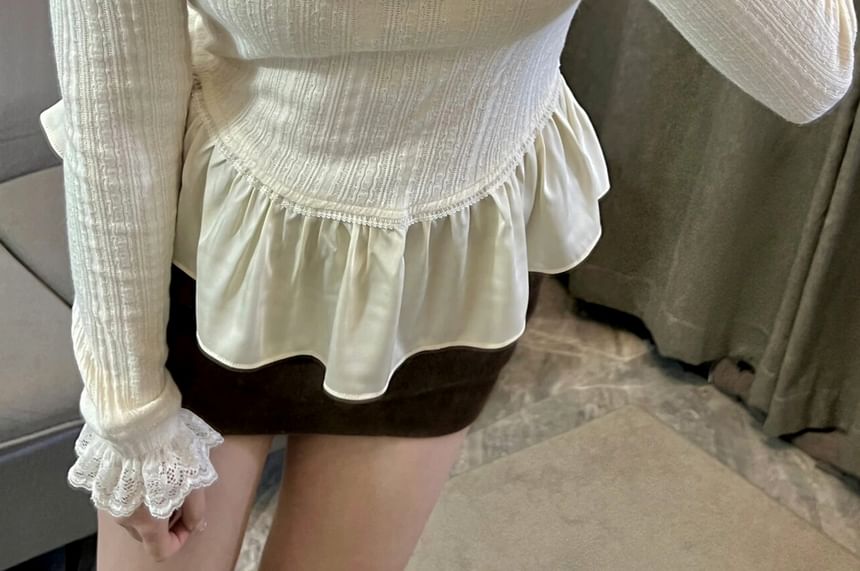 Trim T-Shirt Scoop Long-Sleeve Neck Plain Lace