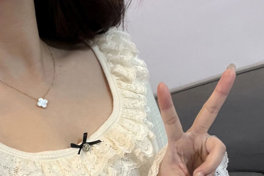 Trim T-Shirt Scoop Long-Sleeve Neck Plain Lace