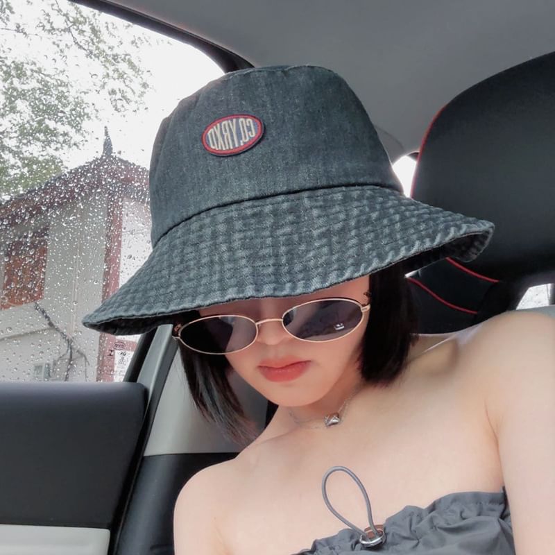 Applique Lettering Hat Washed Denim Bucket