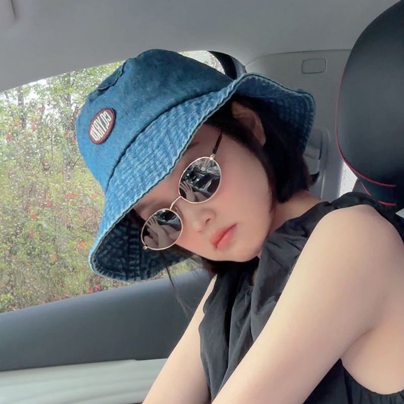 Applique Lettering Hat Washed Denim Bucket