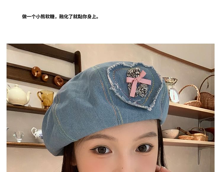 Beret Denim Rhinestone Heart Applique Bow