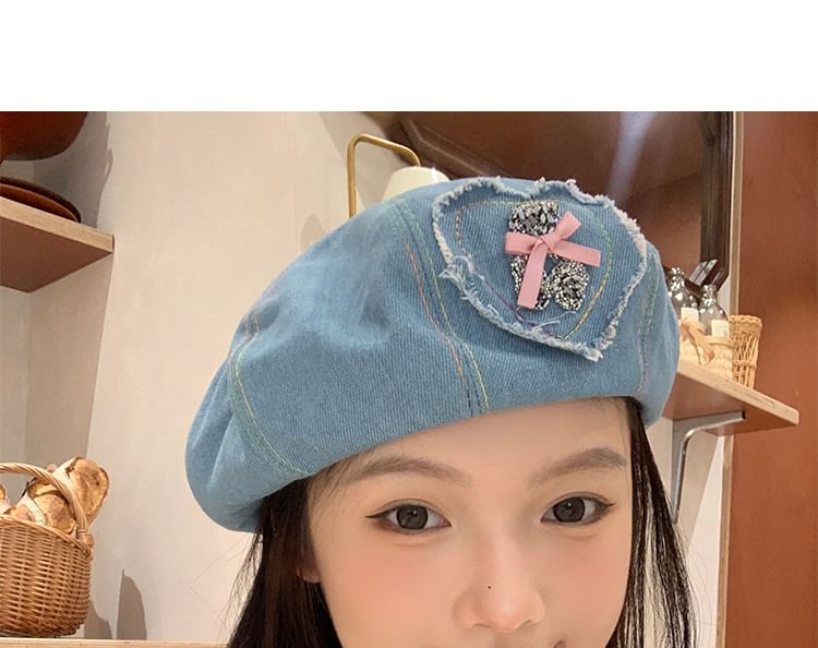 Beret Denim Rhinestone Heart Applique Bow
