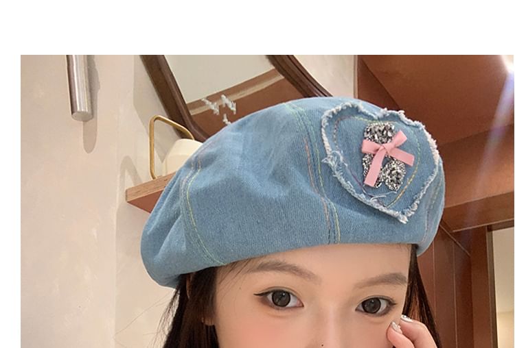 Beret Denim Rhinestone Heart Applique Bow