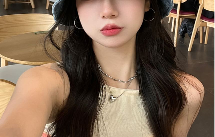 hat Washed Heart Bucket Print Denim