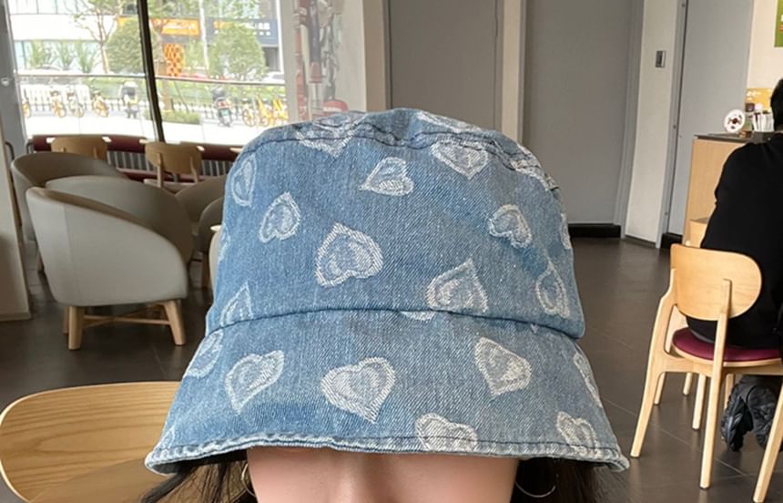 hat Washed Heart Bucket Print Denim