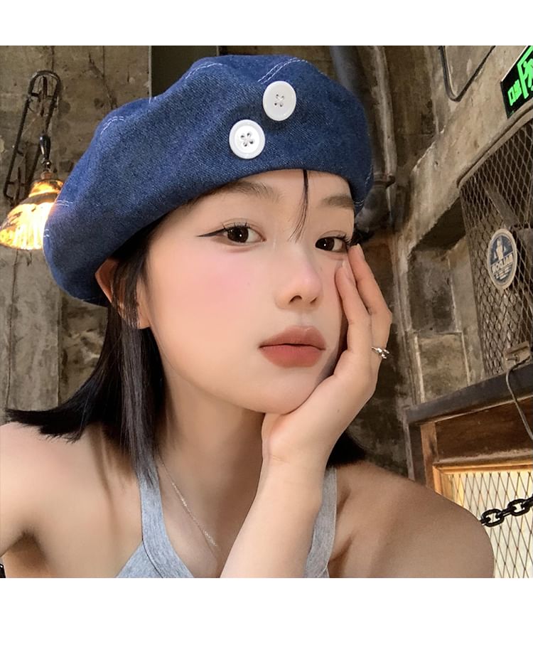 Button Washed Denim Beret Accent