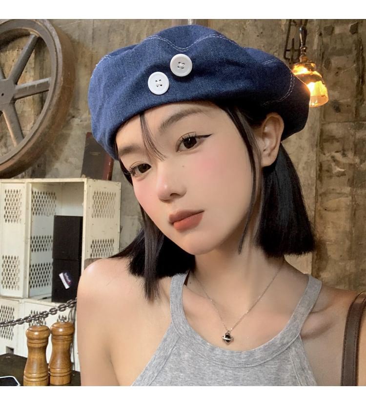 Button Washed Denim Beret Accent