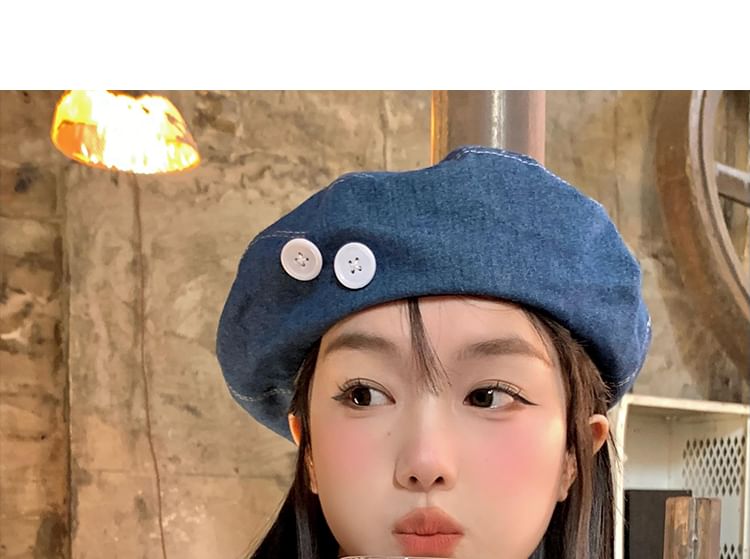 Button Washed Denim Beret Accent