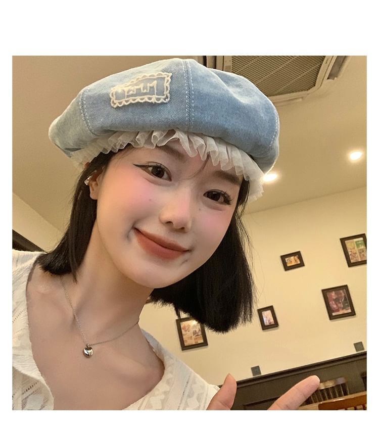 Mesh Lettering Applique Denim Beret Panel