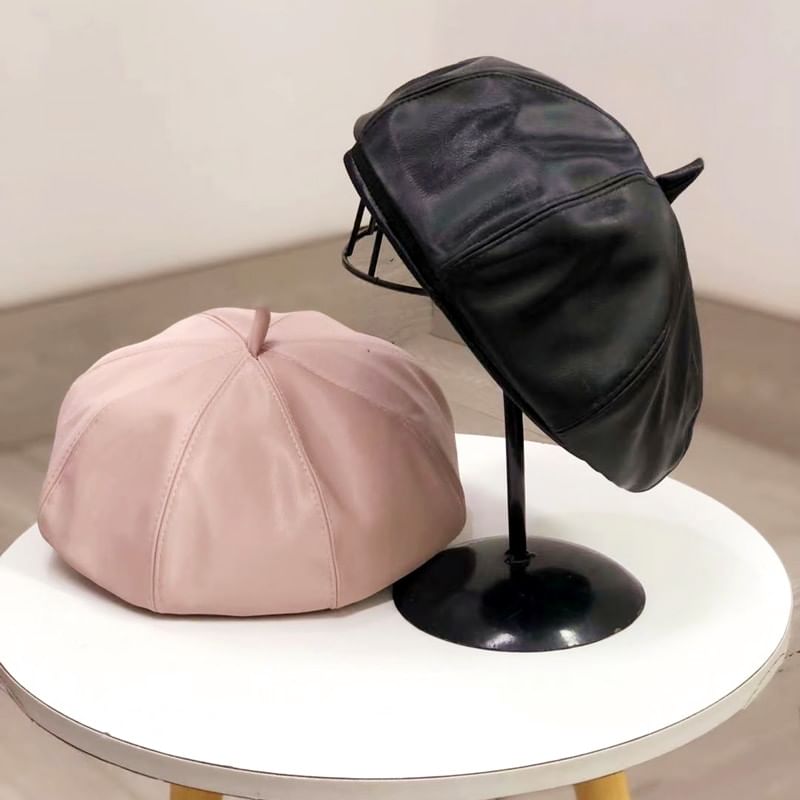 Faux Beret Plain Leather