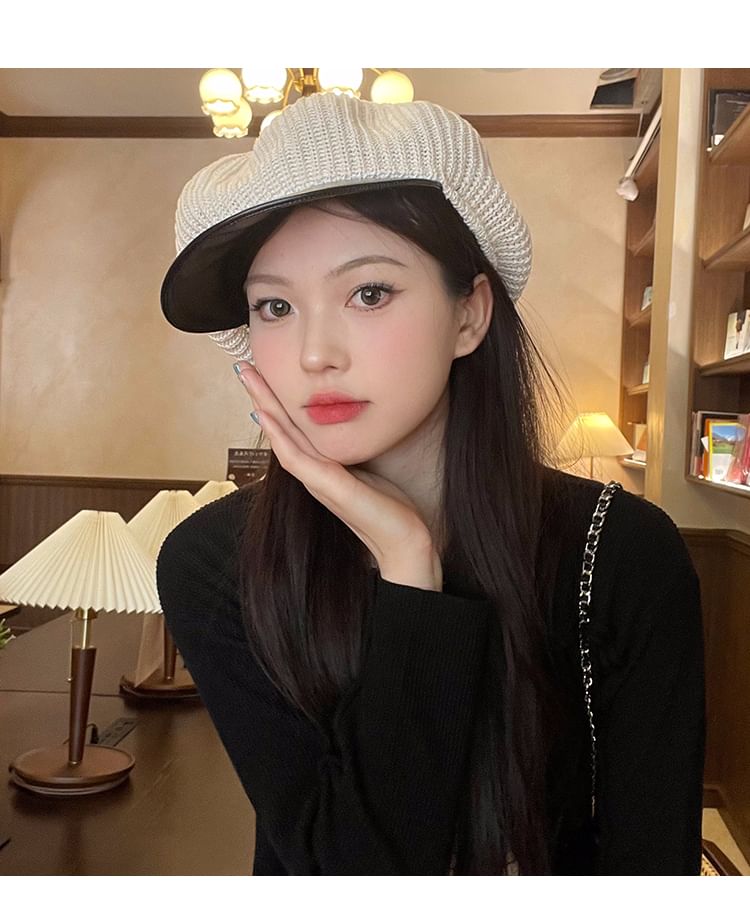 Faux Cap Leather Panel Knit Newsboy