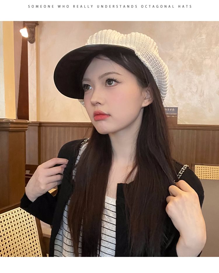 Faux Cap Leather Panel Knit Newsboy