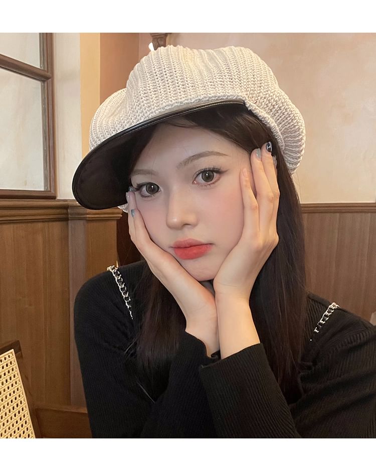 Faux Cap Leather Panel Knit Newsboy