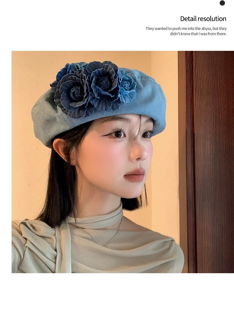 Beret Accent Floral Denim