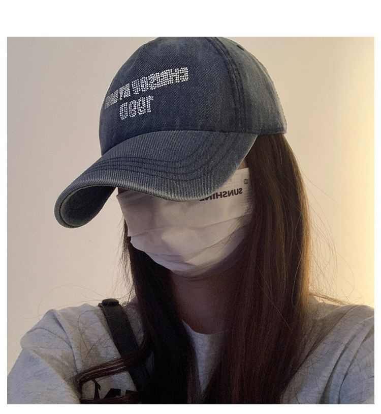 Washed Lettering Rhinestone Cap Denim Baseball