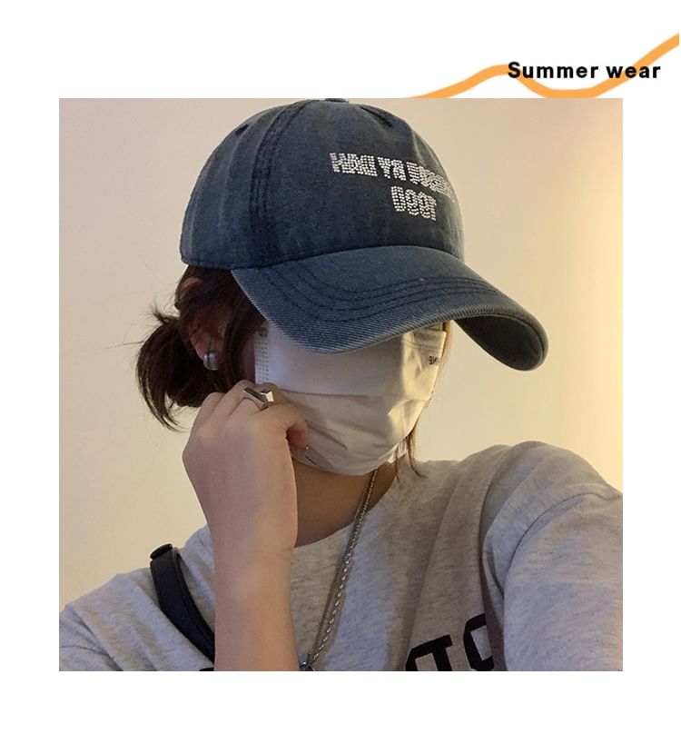 Washed Lettering Rhinestone Cap Denim Baseball
