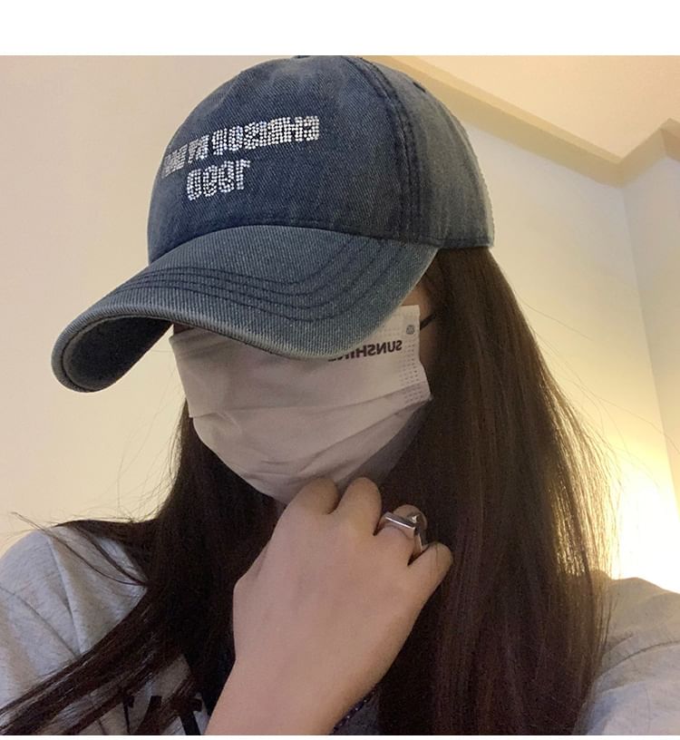 Washed Lettering Rhinestone Cap Denim Baseball