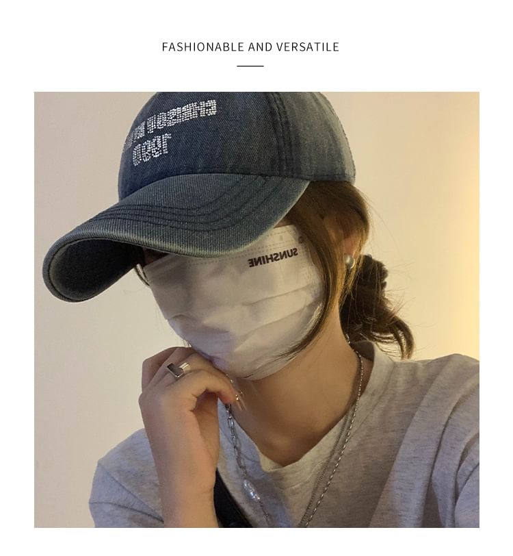 Washed Lettering Rhinestone Cap Denim Baseball