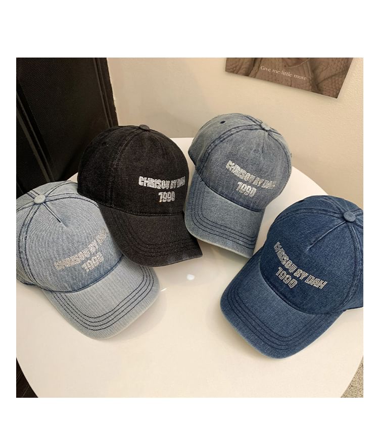Washed Lettering Rhinestone Cap Denim Baseball