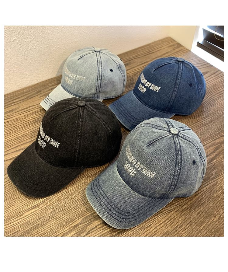 Washed Lettering Rhinestone Cap Denim Baseball
