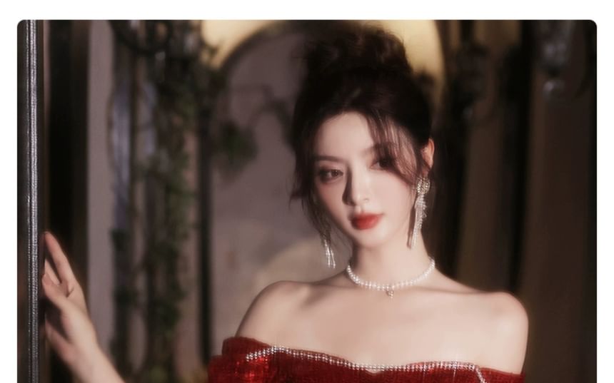 Evening Slit Short-Sleeve Sequin Gown Neck Square Plain A-Line