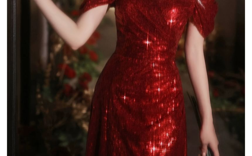 Evening Slit Short-Sleeve Sequin Gown Neck Square Plain A-Line